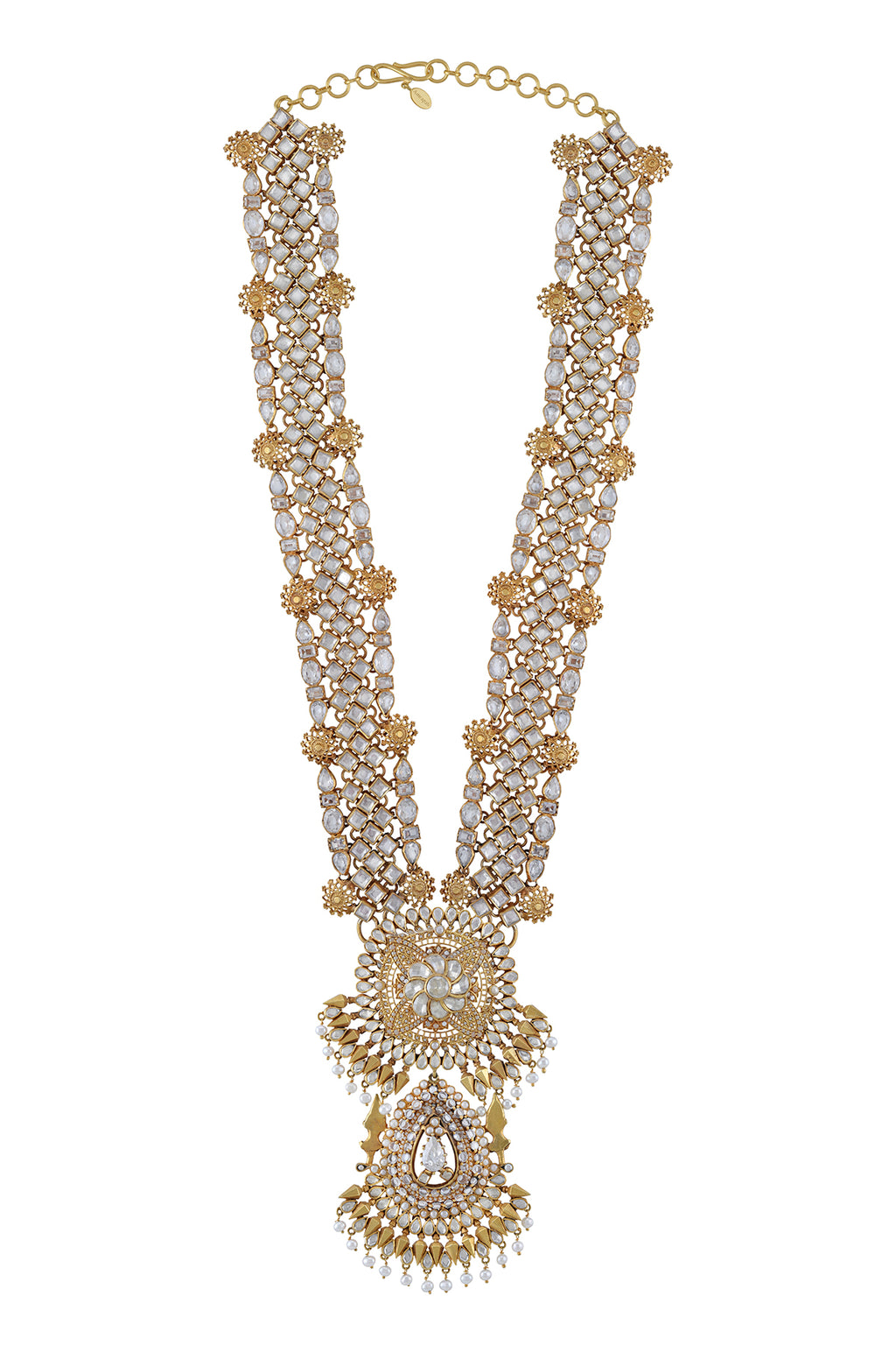 Shop white glass and pearl gold plated long necklace online in USA. Elevate your traditional look with royal Amrapali jewelry, silver plated jewelry, gold plated jewelry, gold plated necklace, silver earrings, silver bangles from Pure Elegance Indian fashion store in USA.-full view
