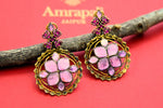 Shop stunning pink glass floral gold plated earrings online in USA. Elevate your traditional look with royal Amrapali jewelry, silver plated jewelry, gold plated jewelry, gold plated necklace, silver earrings, silver bangles from Pure Elegance Indian fashion store in USA.-front