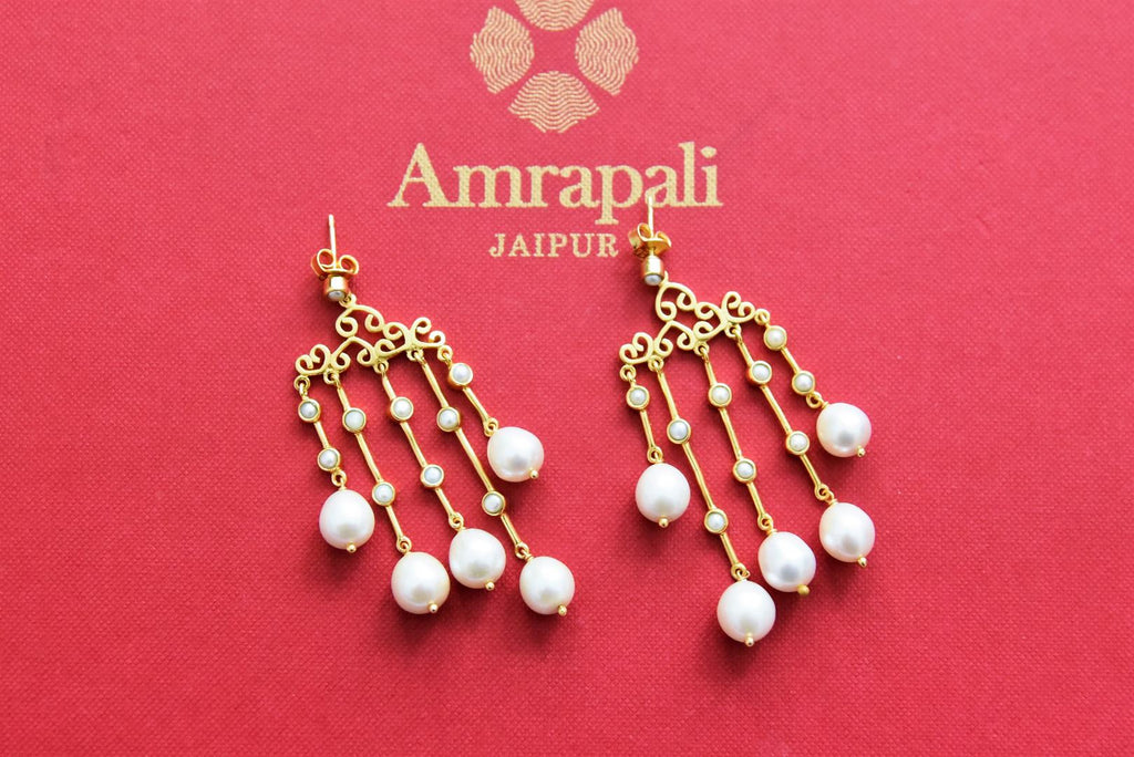 Shop Amrapali gold plated dangler earrings online in USA with pearls. Elevate your traditional look with royal Amrapali jewelry, silver plated jewelry, gold plated jewelry, gold plated necklace, silver earrings, silver bangles from Pure Elegance Indian fashion store in USA.-front