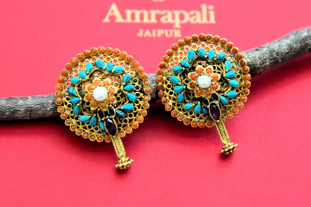 Shop stunning multicolor stones big stud earrings online in USA. Elevate your traditional look with royal Amrapali jewelry, silver plated jewelry, gold plated jewelry, gold plated necklace, silver earrings, silver bangles from Pure Elegance Indian fashion store in USA.-front