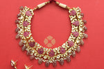 Buy stunning gold plated kundan jadau necklace set online in USA. Elevate your traditional look with royal Amrapali jewelry, silver plated jewelry, gold plated jewelry, gold plated necklace, silver earrings, silver bangles from Pure Elegance Indian fashion store in USA.-front