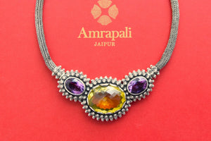 Shop silver chain necklace online in USA with semi precious stones. Elevate your traditional look with royal Amrapali jewelry, silver plated jewelry, gold plated jewelry, gold plated necklace, silver earrings, silver bangles from Pure Elegance Indian fashion store in USA.-front