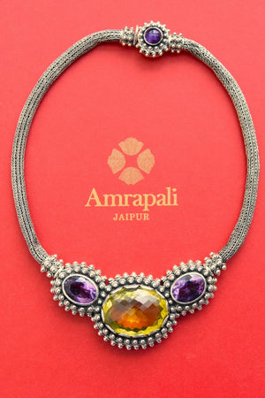 Shop silver chain necklace online in USA with semi precious stones. Elevate your traditional look with royal Amrapali jewelry, silver plated jewelry, gold plated jewelry, gold plated necklace, silver earrings, silver bangles from Pure Elegance Indian fashion store in USA.-full view