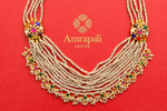 Buy Amrapali layered pearl chain necklace online in USA with Navratna pendants. Elevate your traditional look with royal Amrapali jewelry, silver plated jewelry, gold plated jewelry, gold plated necklace, silver earrings, silver bangles from Pure Elegance Indian fashion store in USA.-front