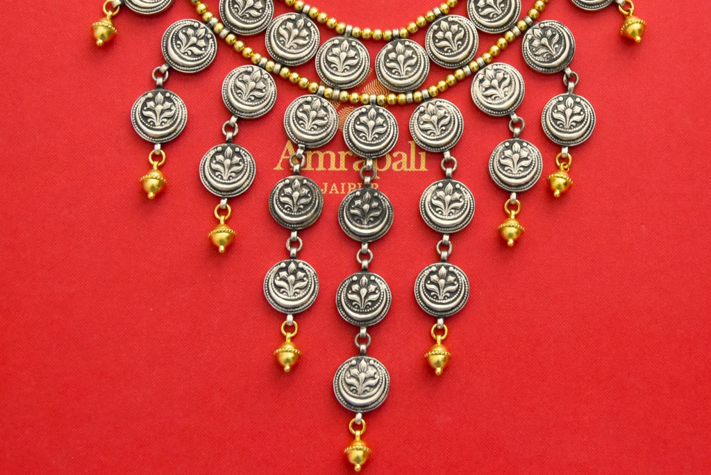 Buy stunning gold plated silver coin banjara necklace online in USA. Elevate your traditional look with royal Amrapali jewelry, silver plated jewelry, gold plated jewelry, gold plated necklace, silver earrings, silver bangles from Pure Elegance Indian fashion store in USA.-full view