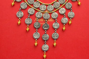 Buy stunning gold plated silver coin banjara necklace online in USA. Elevate your traditional look with royal Amrapali jewelry, silver plated jewelry, gold plated jewelry, gold plated necklace, silver earrings, silver bangles from Pure Elegance Indian fashion store in USA.-full view