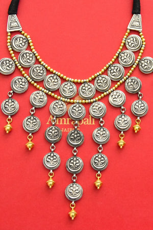 Buy stunning gold plated silver coin banjara necklace online in USA. Elevate your traditional look with royal Amrapali jewelry, silver plated jewelry, gold plated jewelry, gold plated necklace, silver earrings, silver bangles from Pure Elegance Indian fashion store in USA.-front