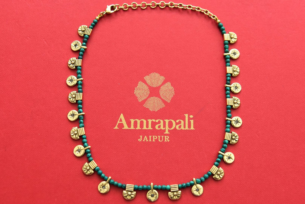 Shop green bead necklace online in USA with gold plated motifs. Elevate your traditional look with royal Amrapali jewelry, silver plated jewelry, gold plated jewelry, gold plated necklace, silver earrings, silver bangles from Pure Elegance Indian fashion store in USA.-full view