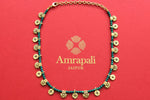 Shop green bead necklace online in USA with gold plated motifs. Elevate your traditional look with royal Amrapali jewelry, silver plated jewelry, gold plated jewelry, gold plated necklace, silver earrings, silver bangles from Pure Elegance Indian fashion store in USA.-full view