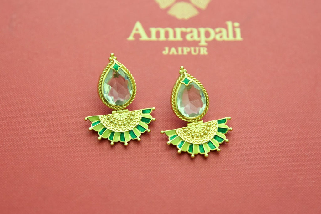 Shop stunning gold plated earrings online in USA with enamel fan drops. Elevate your traditional look with royal Amrapali jewelry, silver plated jewelry, gold plated jewelry, gold plated necklace, silver earrings, silver bangles from Pure Elegance Indian fashion store in USA.-front