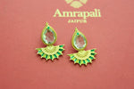 Shop stunning gold plated earrings online in USA with enamel fan drops. Elevate your traditional look with royal Amrapali jewelry, silver plated jewelry, gold plated jewelry, gold plated necklace, silver earrings, silver bangles from Pure Elegance Indian fashion store in USA.-front