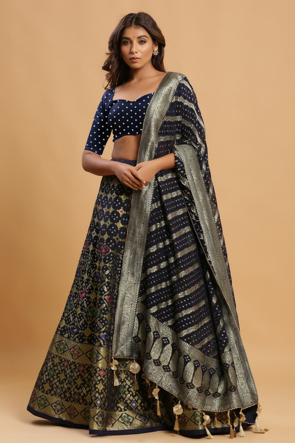 Shop navy zari embroidered lehenga with embroidered silk dupatta. The lehenga is perfect for a wedding party. It is crafted in silk with intrinsic zari embroidery work all over, tassels on dupatta, and a beautiful red blouse with mirror work. Shop online from Pure Elegance.