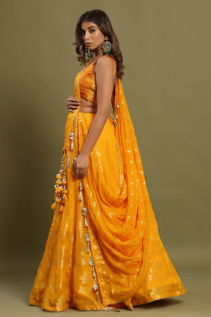 Buy Women Yellow Tiered Lehenga Set With Embroidered Blouse And Dupatta -  Ready To Wear Lehengas - Indya