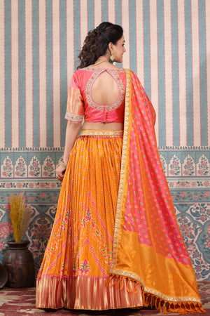 Buy Pink Orange Bandhani Stitched Lehenga & Dupatta With Unstitched Blouse  (Set Of 3) online