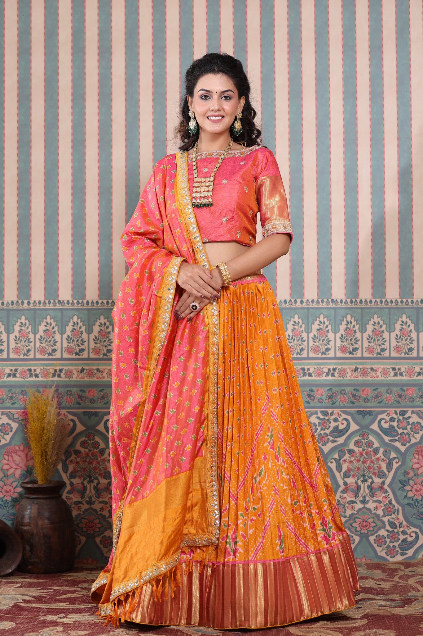 Orange Blouse Hot Pink Lehenga Orange Yellow Dupatta | Pink lehenga, Lehenga,  Indian bridal outfits