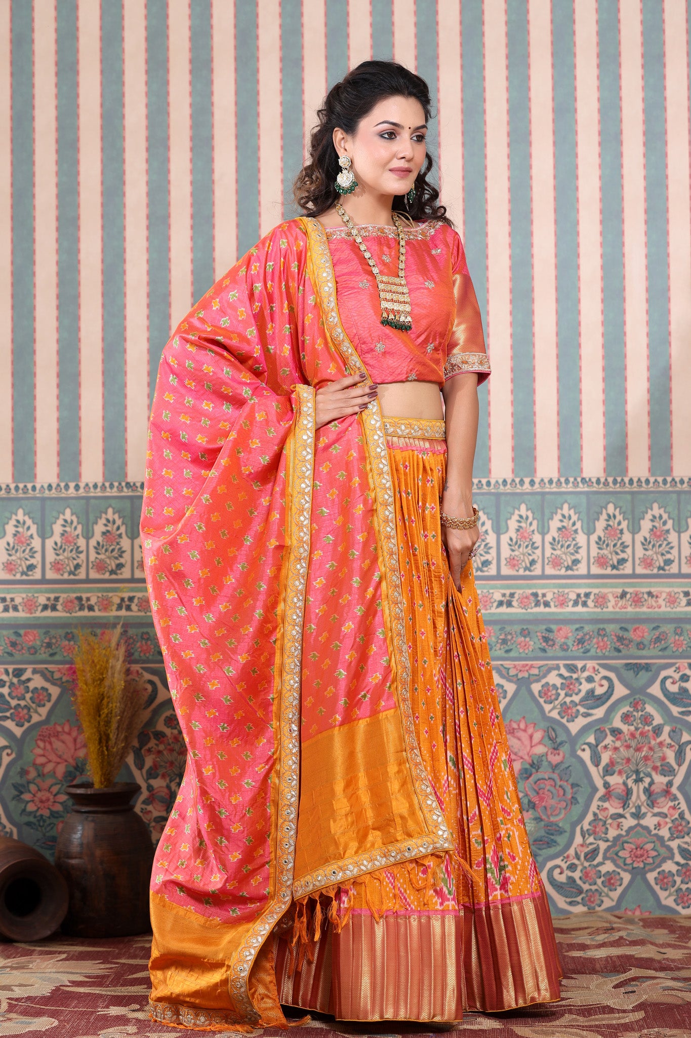 Buy Designer Sarees, Salwar Kameez, Kurtis & Tunic and Lehenga  Choli.Beauteous Orange & Pink Lehenga Choli