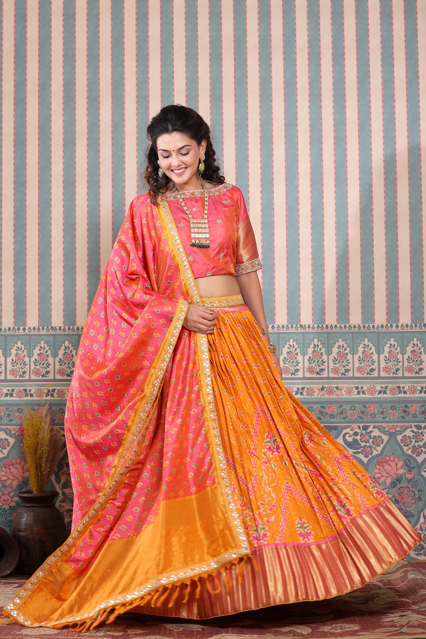 Pink & Orange Lehenga Choli with Ruffled Dupatta – Roop Sari Palace