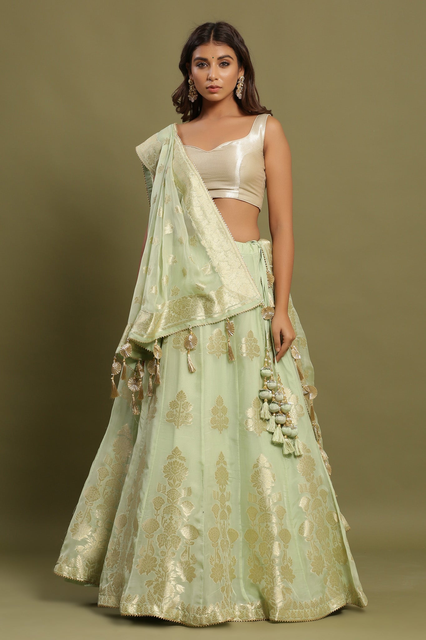 Pista Green & White Indo Western Lehenga Choli With Ruffle Layer – Cygnus  Fashion
