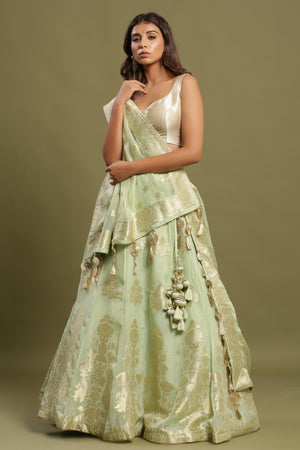 Shae by SASSAFRAS Green & Off White Floral Printed Ready to Wear Lehenga &  Choli - Absolutely Desi
