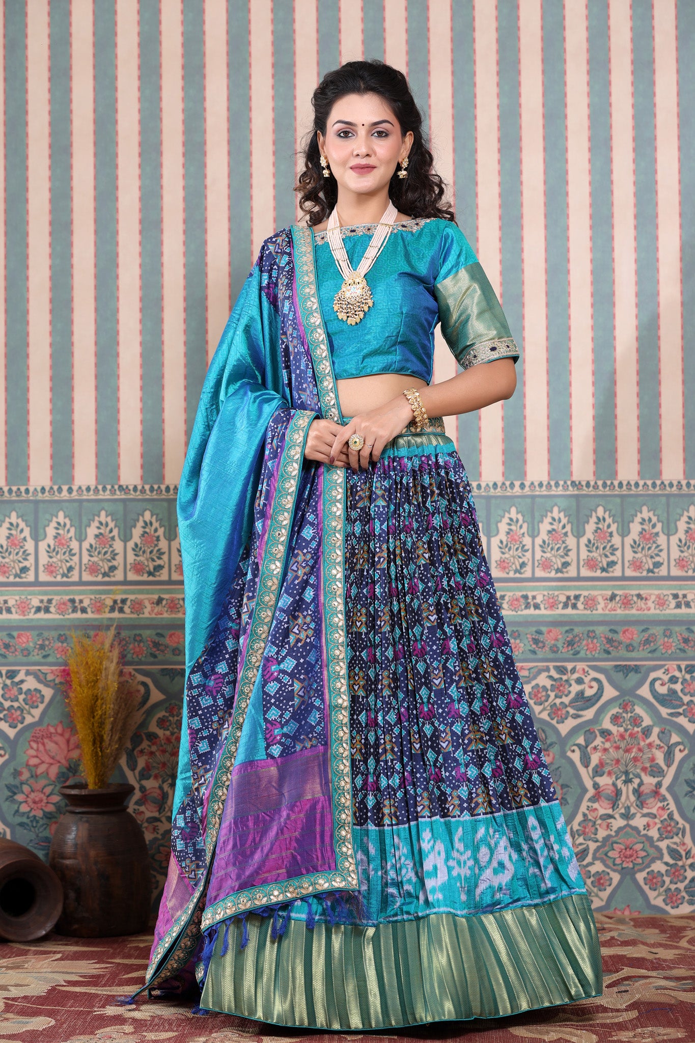 Buy Navy Blue Kalamkari Print Silk Lehenga Choli Online At Zeel Clothing