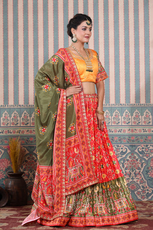 Engagement, Reception, Wedding Green, Red and Maroon color Banarasi Silk  fabric Lehenga : 1895628