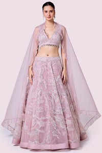 Shop powder pink floral embroidery organza lehenga online in USA dupatta. Shop the best and latest designs in embroidered sarees, designer sarees, Anarkali suit, lehengas, sharara suits for weddings and special occasions from Pure Elegance Indian fashion store in USA.-full view