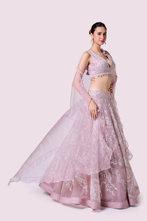 Shop powder pink floral embroidery organza lehenga online in USA dupatta. Shop the best and latest designs in embroidered sarees, designer sarees, Anarkali suit, lehengas, sharara suits for weddings and special occasions from Pure Elegance Indian fashion store in USA.-side