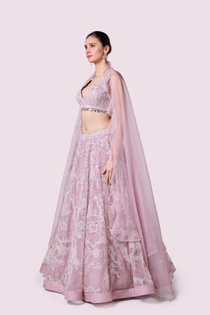 Shop powder pink floral embroidery organza lehenga online in USA dupatta. Shop the best and latest designs in embroidered sarees, designer sarees, Anarkali suit, lehengas, sharara suits for weddings and special occasions from Pure Elegance Indian fashion store in USA.-lehenga