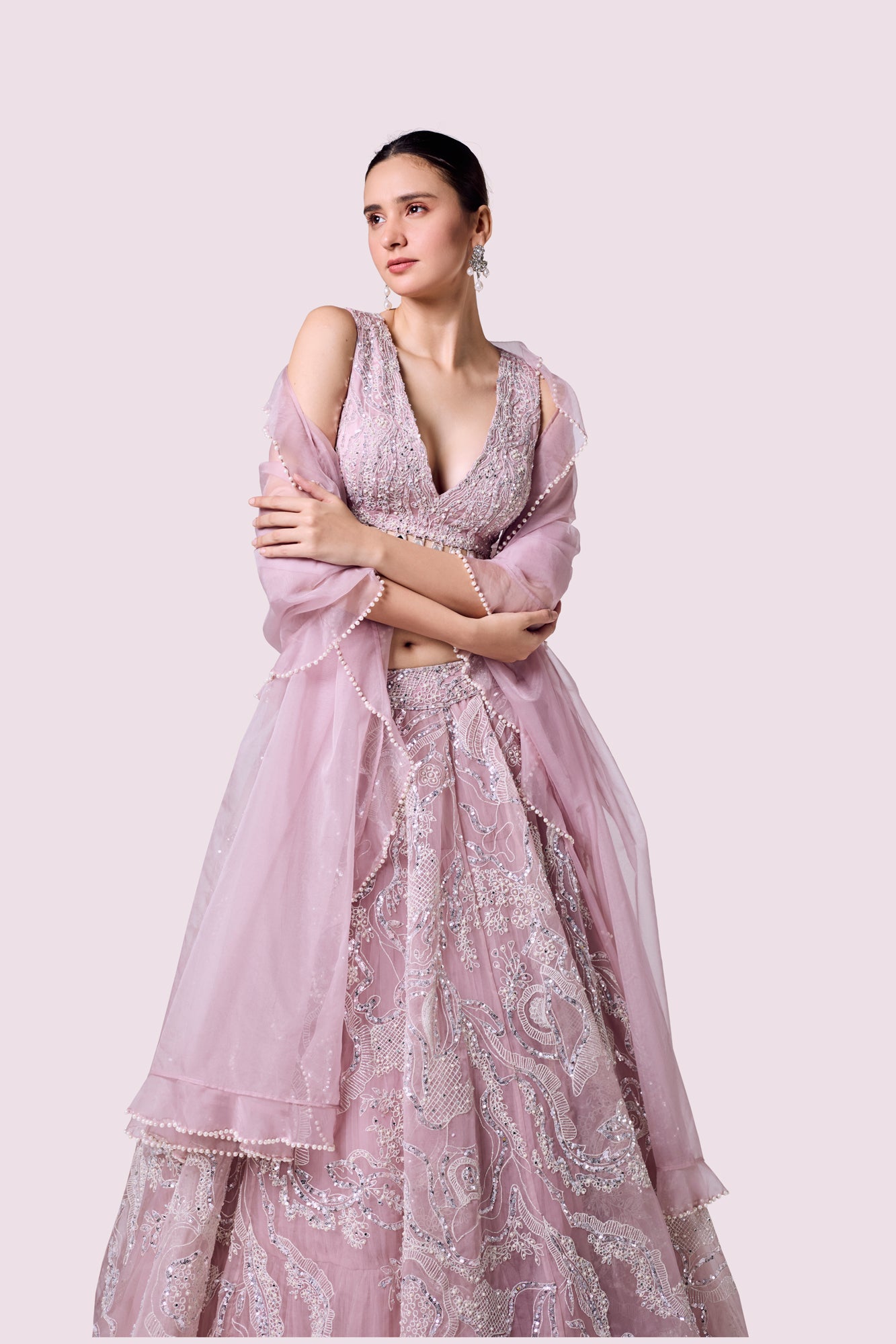 Shop powder pink floral embroidery organza lehenga online in USA dupatta. Shop the best and latest designs in embroidered sarees, designer sarees, Anarkali suit, lehengas, sharara suits for weddings and special occasions from Pure Elegance Indian fashion store in USA.-closeup