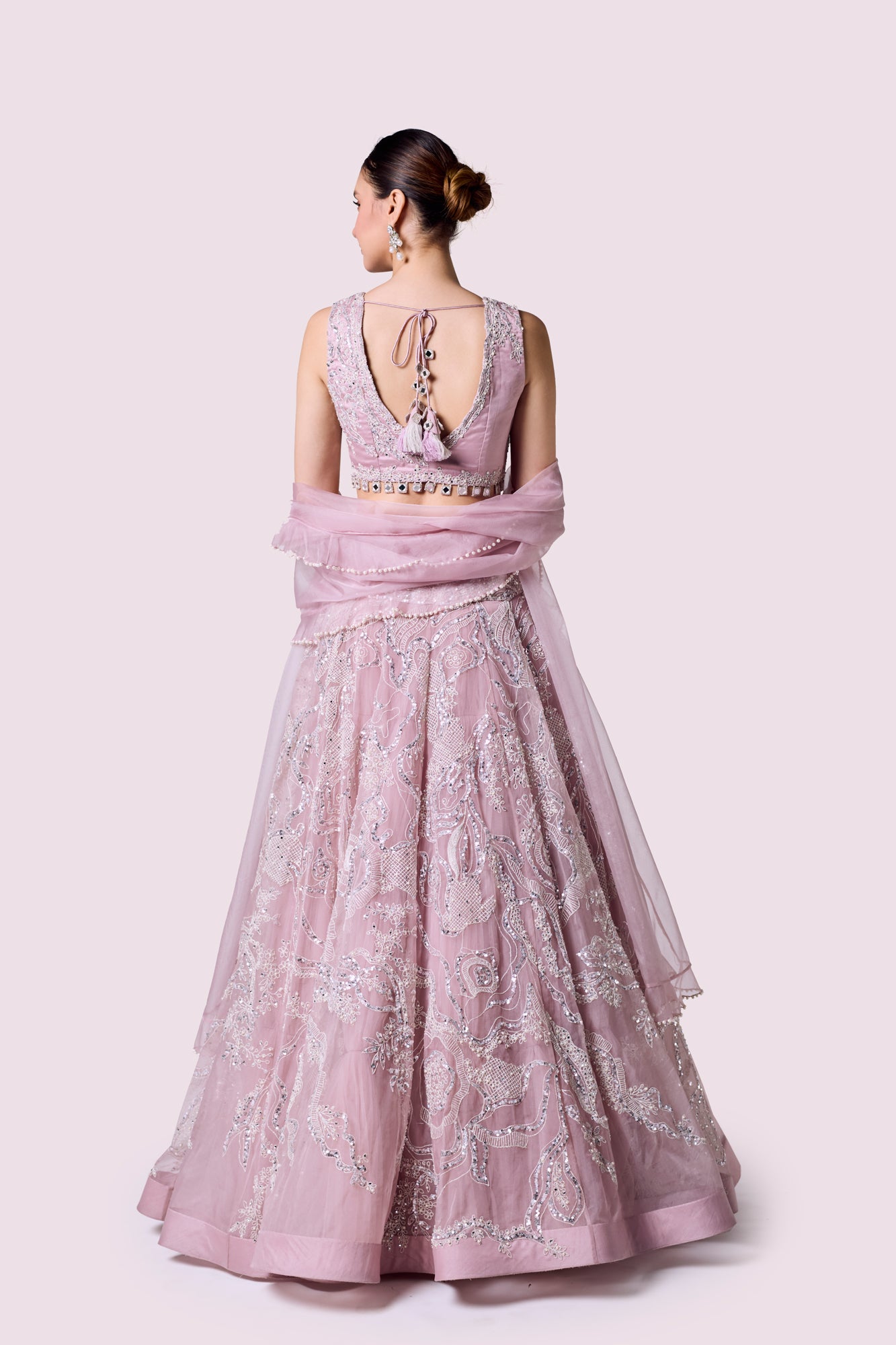 Shop powder pink floral embroidery organza lehenga online in USA dupatta. Shop the best and latest designs in embroidered sarees, designer sarees, Anarkali suit, lehengas, sharara suits for weddings and special occasions from Pure Elegance Indian fashion store in USA.-back