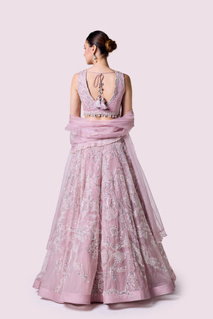 Shop powder pink floral embroidery organza lehenga online in USA dupatta. Shop the best and latest designs in embroidered sarees, designer sarees, Anarkali suit, lehengas, sharara suits for weddings and special occasions from Pure Elegance Indian fashion store in USA.-back