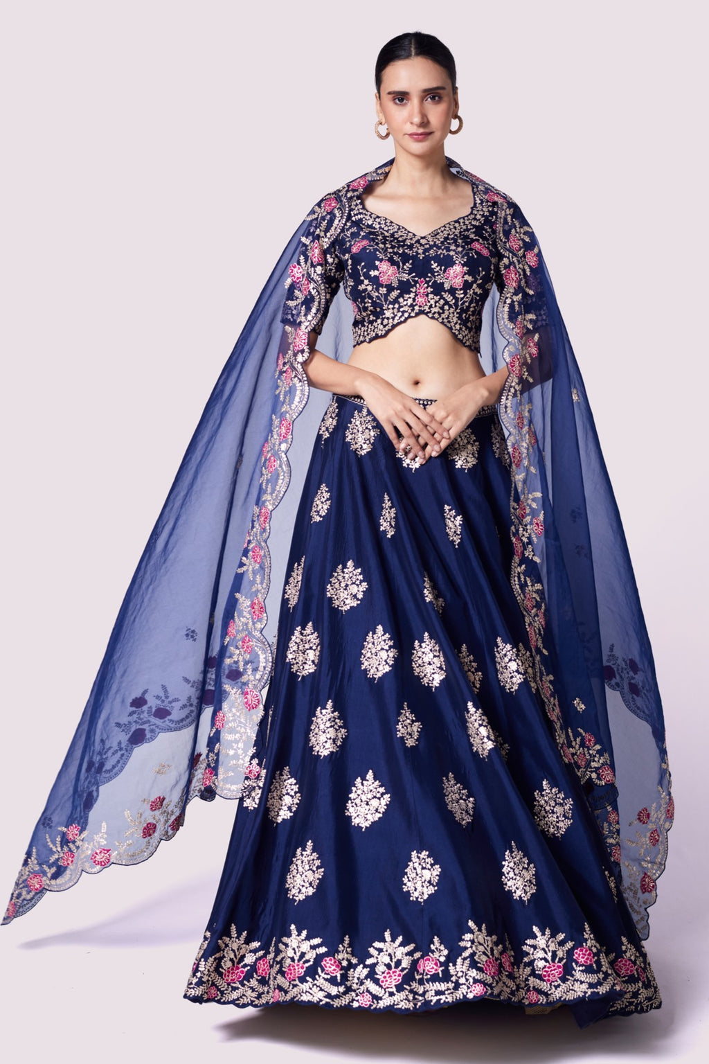 Buy navy blue floral zari work silk lehenga online in USA dupatta. Shop the best and latest designs in embroidered sarees, designer sarees, Anarkali suit, lehengas, sharara suits for weddings and special occasions from Pure Elegance Indian fashion store in USA.-full view