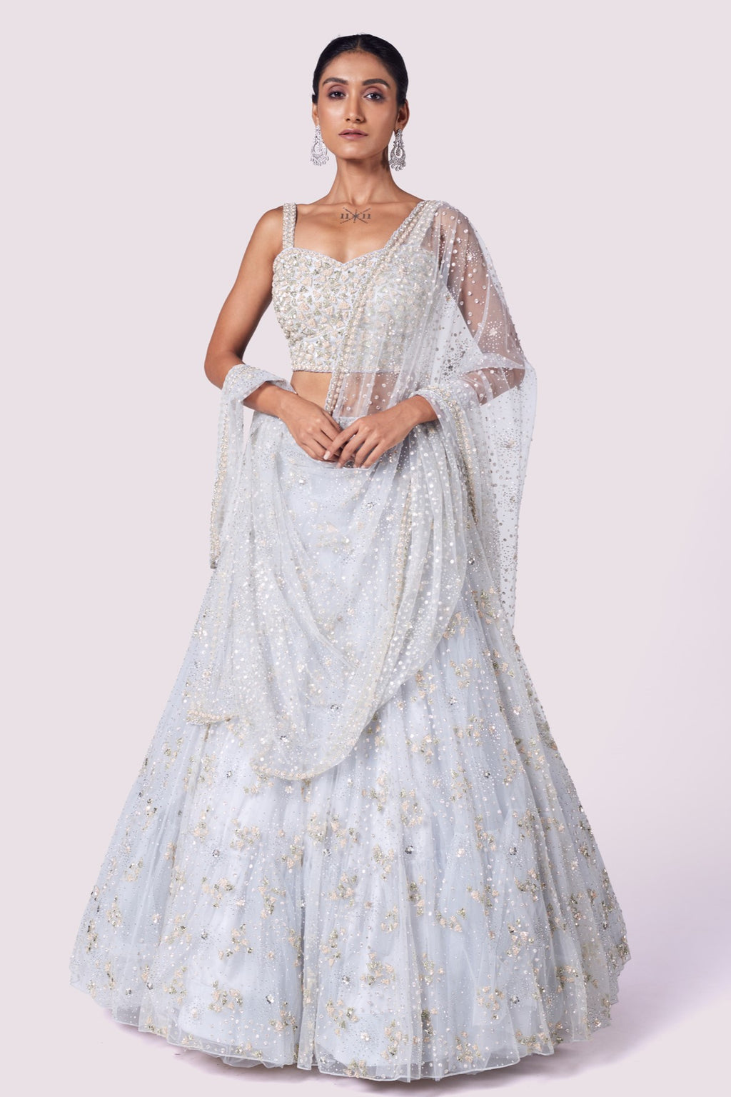 Buy powder blue embroidered net designer lehenga online in USA dupatta. Shop the best and latest designs in embroidered sarees, designer sarees, Anarkali suit, lehengas, sharara suits for weddings and special occasions from Pure Elegance Indian fashion store in USA.-full view