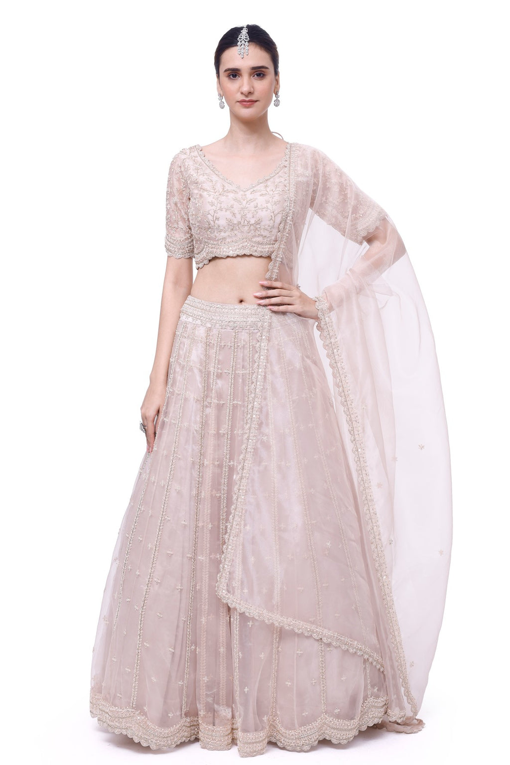 Shop powder pink embroidered organza lehenga online in USA with organza dupatta. Shop the best and latest designs in embroidered sarees, designer sarees, Anarkali suit, lehengas, sharara suits for weddings and special occasions from Pure Elegance Indian fashion store in USA.-full view