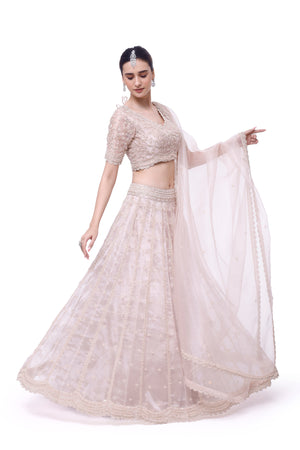 Shop powder pink embroidered organza lehenga online in USA with organza dupatta. Shop the best and latest designs in embroidered sarees, designer sarees, Anarkali suit, lehengas, sharara suits for weddings and special occasions from Pure Elegance Indian fashion store in USA.-side