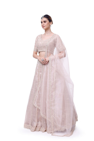 Shop powder pink embroidered organza lehenga online in USA with organza dupatta. Shop the best and latest designs in embroidered sarees, designer sarees, Anarkali suit, lehengas, sharara suits for weddings and special occasions from Pure Elegance Indian fashion store in USA.-side