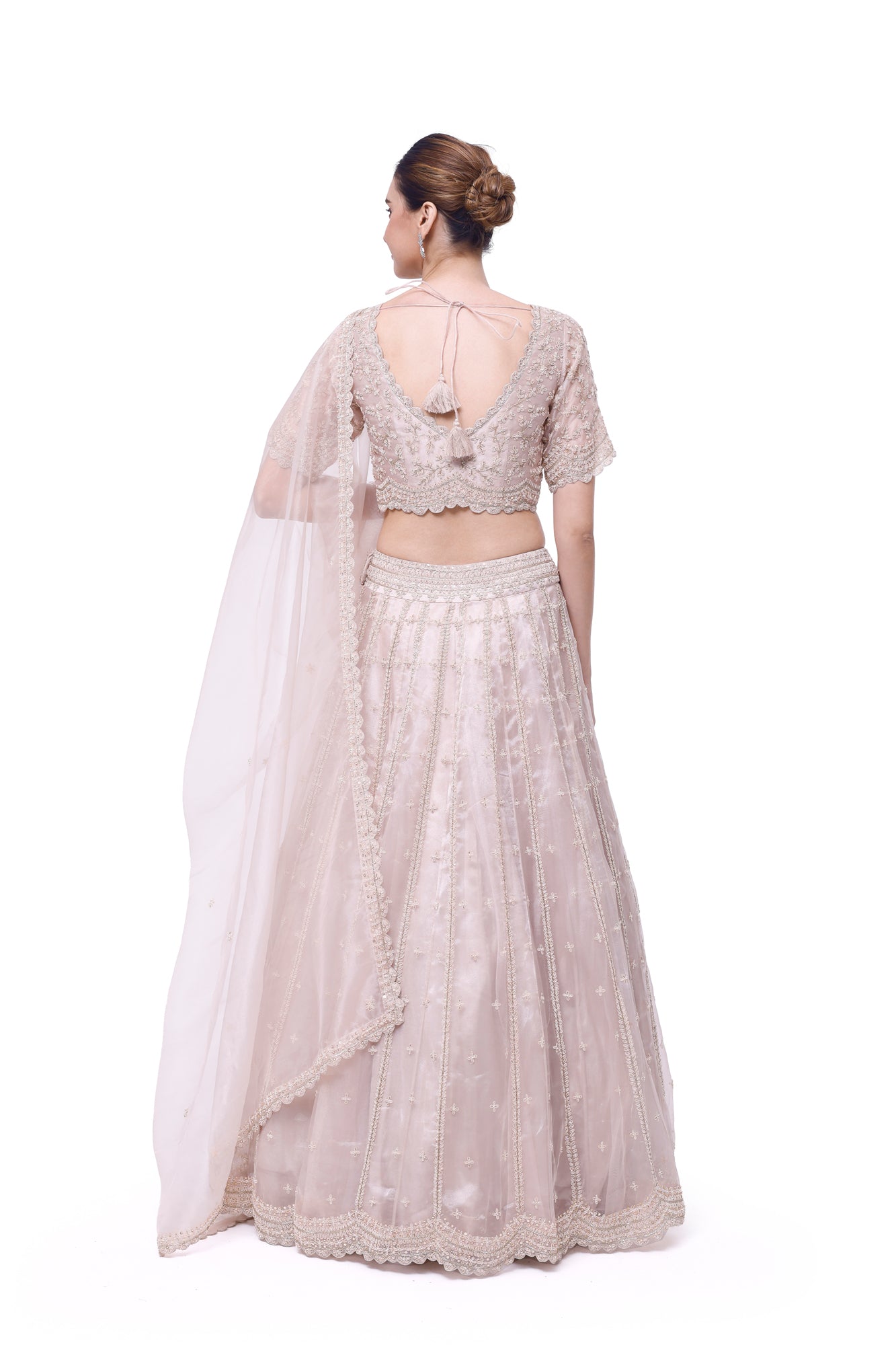 Shop powder pink embroidered organza lehenga online in USA with organza dupatta. Shop the best and latest designs in embroidered sarees, designer sarees, Anarkali suit, lehengas, sharara suits for weddings and special occasions from Pure Elegance Indian fashion store in USA.-back