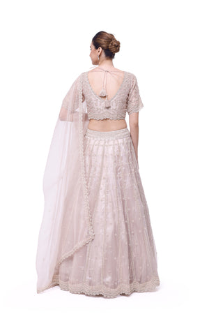 Shop powder pink embroidered organza lehenga online in USA with organza dupatta. Shop the best and latest designs in embroidered sarees, designer sarees, Anarkali suit, lehengas, sharara suits for weddings and special occasions from Pure Elegance Indian fashion store in USA.-back