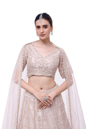 Shop powder pink embroidered organza lehenga online in USA with organza dupatta. Shop the best and latest designs in embroidered sarees, designer sarees, Anarkali suit, lehengas, sharara suits for weddings and special occasions from Pure Elegance Indian fashion store in USA.-closeup