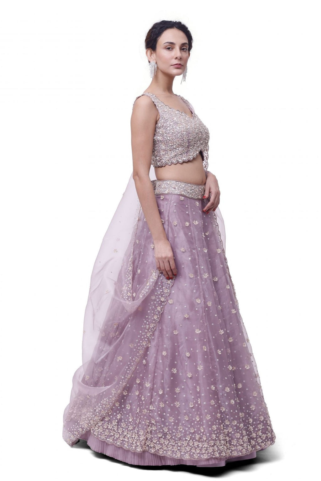 Buy lavender embroidered tissue lehenga online in USA with dupatta. Shop the best and latest designs in embroidered sarees, designer sarees, Anarkali suit, lehengas, sharara suits for weddings and special occasions from Pure Elegance Indian fashion store in USA.-full view