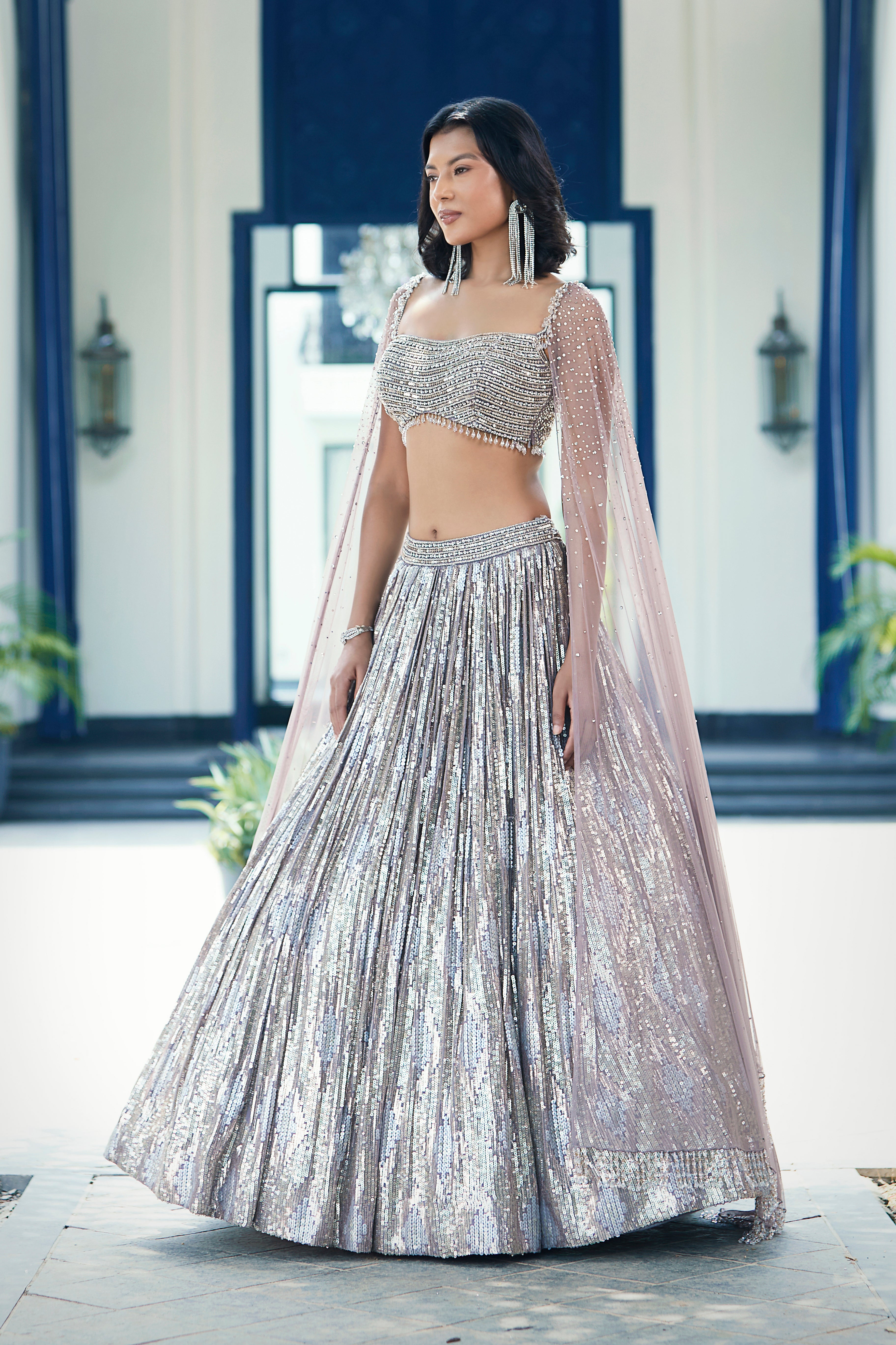 Buy brown georgette embroidered lehenga online in USA with dupatta. Shop the best and latest designs in embroidered sarees, designer sarees, Anarkali suit, lehengas, sharara suits for weddings and special occasions from Pure Elegance Indian fashion store in USA.-side