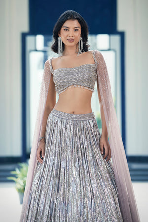 Buy brown georgette embroidered lehenga online in USA with dupatta. Shop the best and latest designs in embroidered sarees, designer sarees, Anarkali suit, lehengas, sharara suits for weddings and special occasions from Pure Elegance Indian fashion store in USA.-closeup