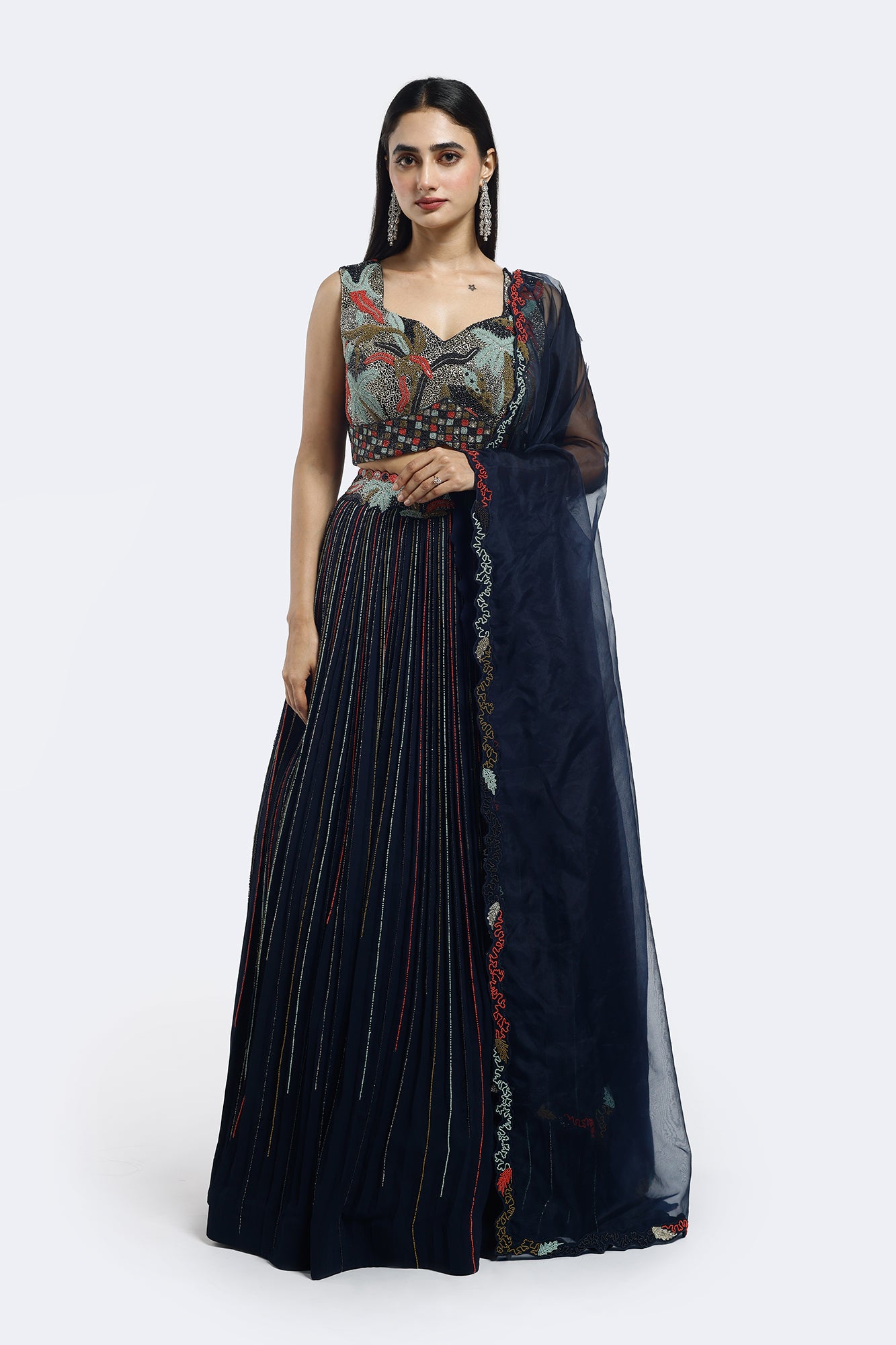 Buy navy blue embroidered georgette lehenga online in USA with dupatta. Shop the best and latest designs in embroidered sarees, designer sarees, Anarkali suit, lehengas, sharara suits for weddings and special occasions from Pure Elegance Indian fashion store in USA.-front