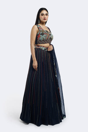 Buy navy blue embroidered georgette lehenga online in USA with dupatta. Shop the best and latest designs in embroidered sarees, designer sarees, Anarkali suit, lehengas, sharara suits for weddings and special occasions from Pure Elegance Indian fashion store in USA.-side