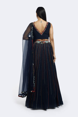 Buy navy blue embroidered georgette lehenga online in USA with dupatta. Shop the best and latest designs in embroidered sarees, designer sarees, Anarkali suit, lehengas, sharara suits for weddings and special occasions from Pure Elegance Indian fashion store in USA.-back