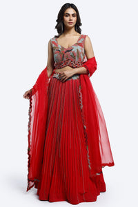 Shop beautiful red embroidered georgette lehenga online in USA with dupatta. Shop the best and latest designs in embroidered sarees, designer sarees, Anarkali suit, lehengas, sharara suits for weddings and special occasions from Pure Elegance Indian fashion store in USA.-full view