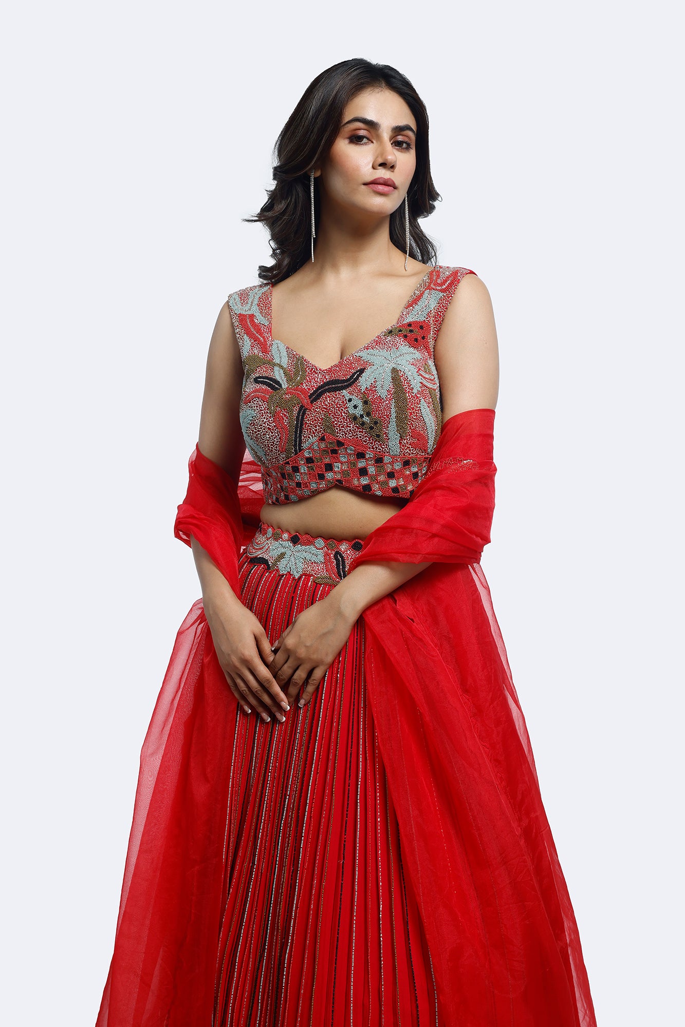 Shop beautiful red embroidered georgette lehenga online in USA with dupatta. Shop the best and latest designs in embroidered sarees, designer sarees, Anarkali suit, lehengas, sharara suits for weddings and special occasions from Pure Elegance Indian fashion store in USA.-closeup