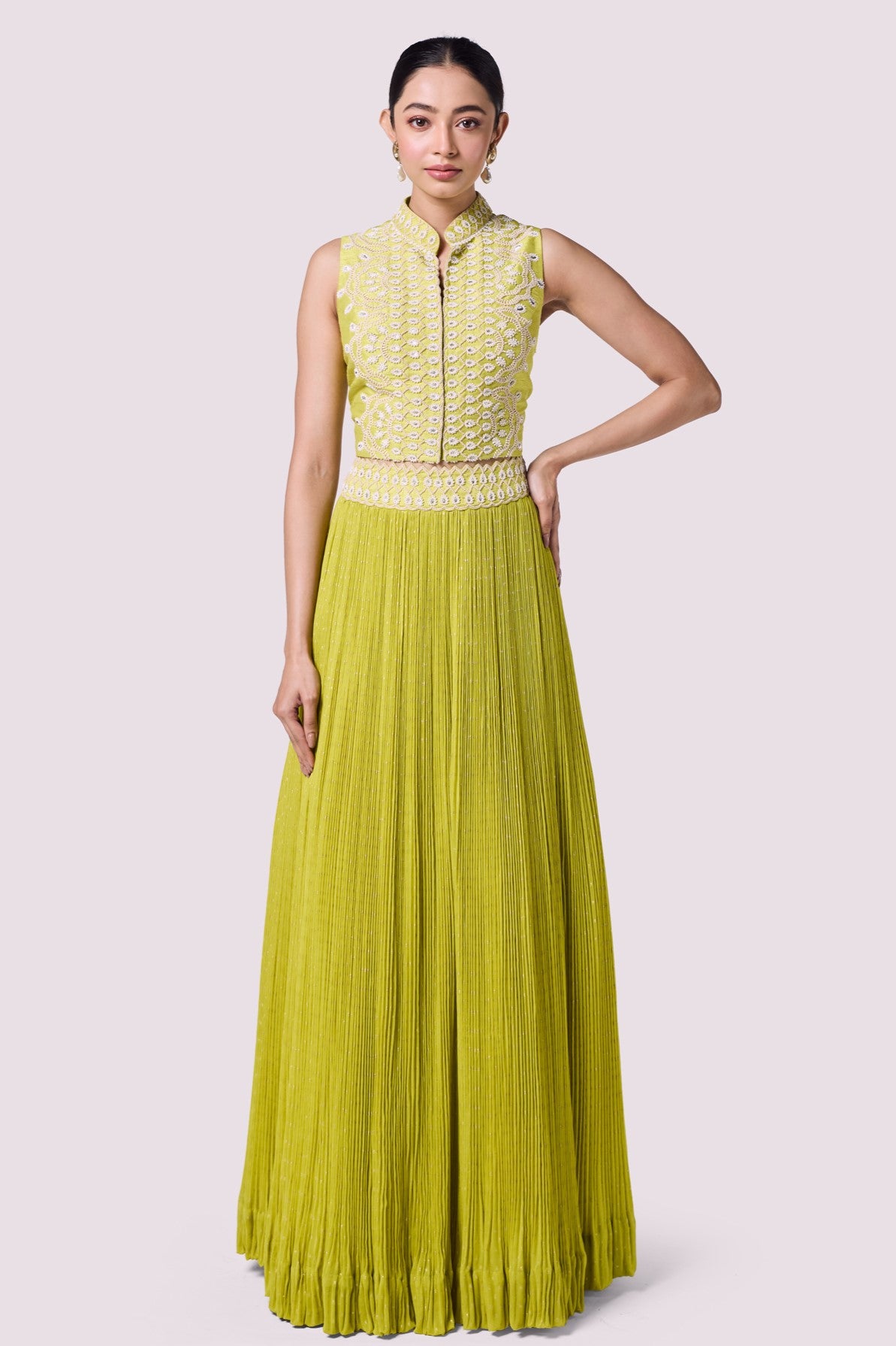 Buy stunning lime green embellished top with skirt online in USA. Shop the best and latest designs in embroidered sarees, designer sarees, Anarkali suit, lehengas, sharara suits for weddings and special occasions from Pure Elegance Indian fashion store in USA.-full view