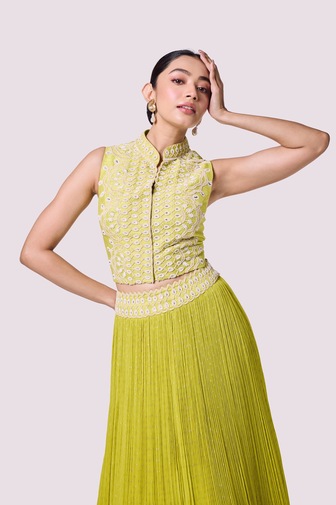 30Z404-RO Lime Green Embellished Top With Skirt