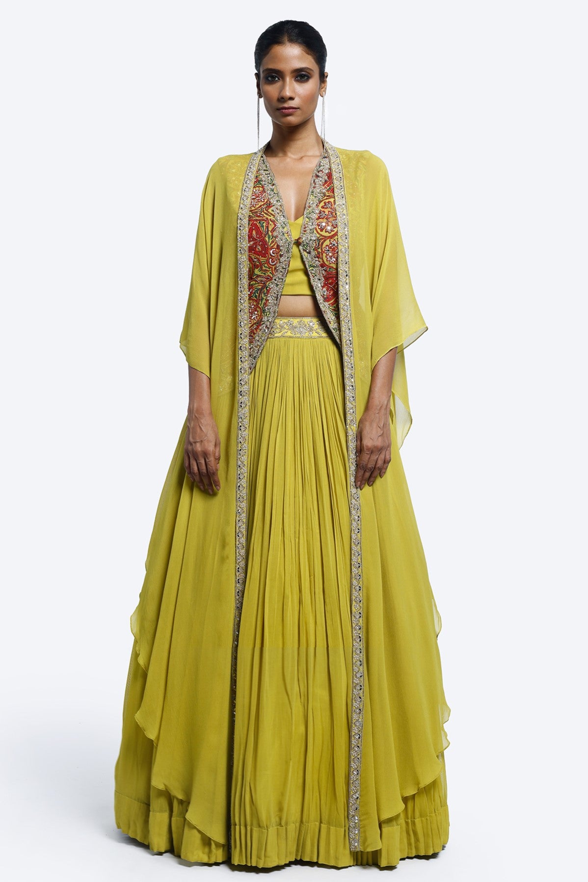 Shop stunning lime green embellished jacket lehenga online in USA. Shop the best and latest designs in embroidered sarees, designer sarees, Anarkali suit, lehengas, sharara suits for weddings and special occasions from Pure Elegance Indian fashion store in USA.-full view